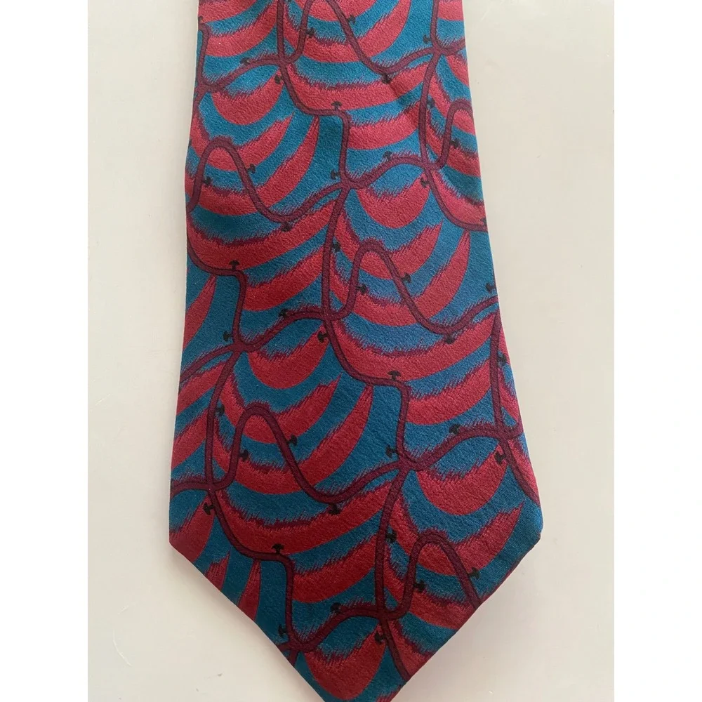 Mallory & Church Mens Silk Tie Burgundy Teal Abstract Wavy Vintage Necktie